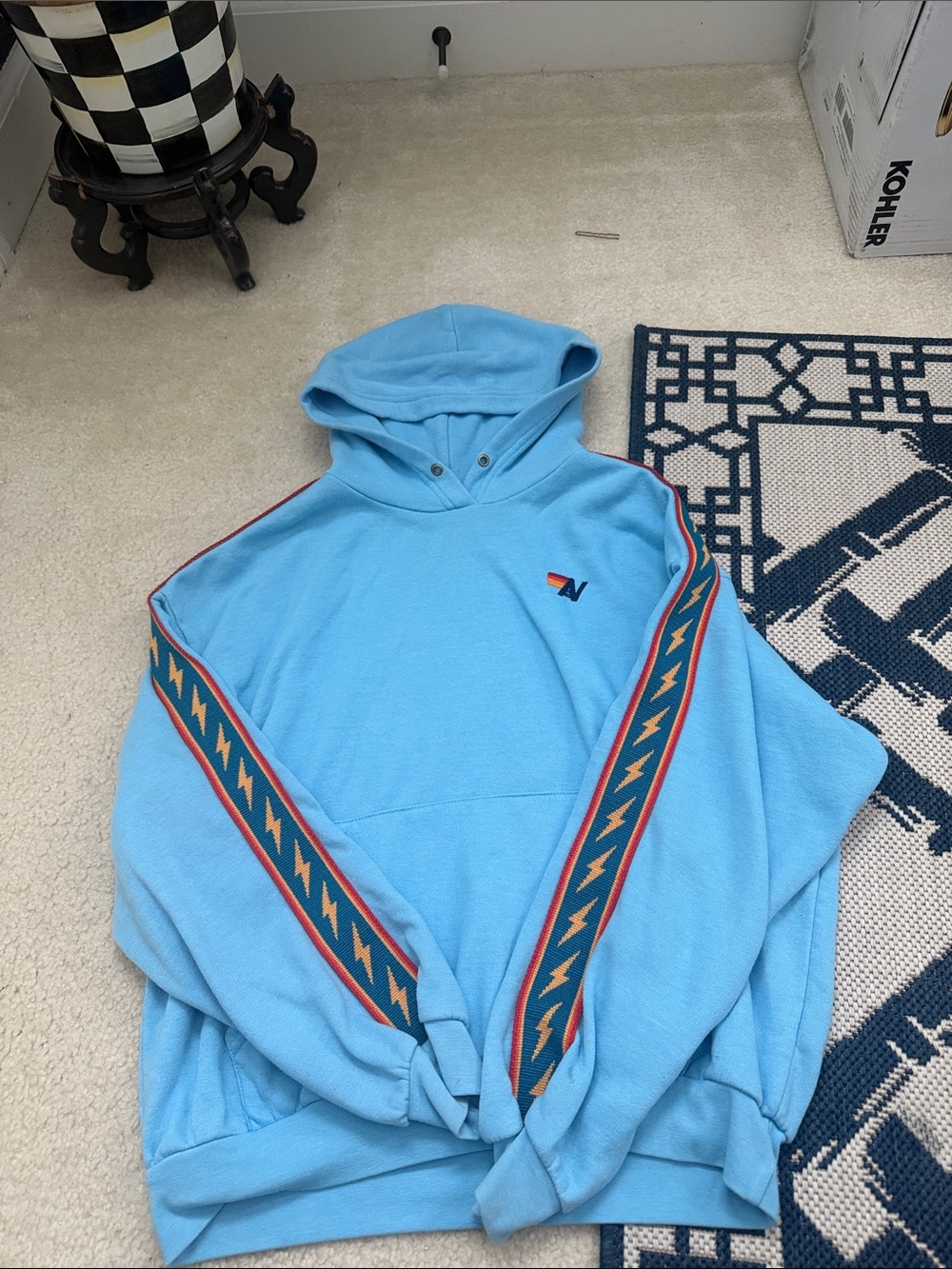 Aviator Nation Light Blue Hoodie with Orange & Navy Lightning Stripes